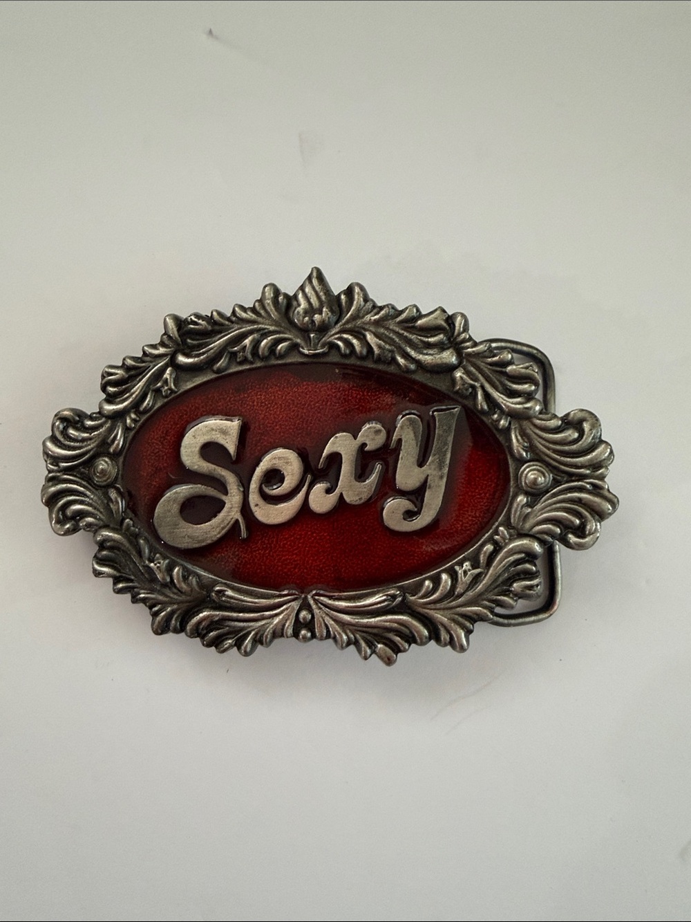 Vintage Silver-Tone Belt Buckle with Red Enamel "Sexy" Script